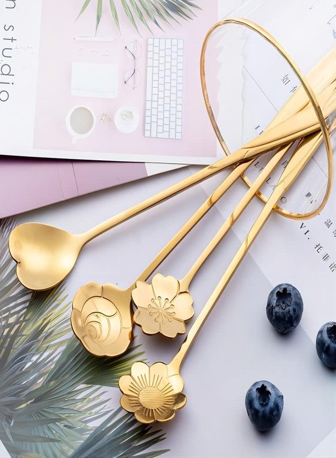 Fapiwen Golden Spoons, Coffee Spoon, Flower Teaspoons, Desserts Spoons, Stainless Steel Reusable Tea Scoops, Spoon Set for Kitchen, Dessert House, Cafe Or Bar (Set of 4 PCS Gold),18 centimeter - Image 2